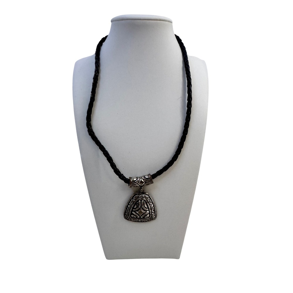 Tribal Southwestern Pendant Necklace Black Braided Cord Silver Tone Boho